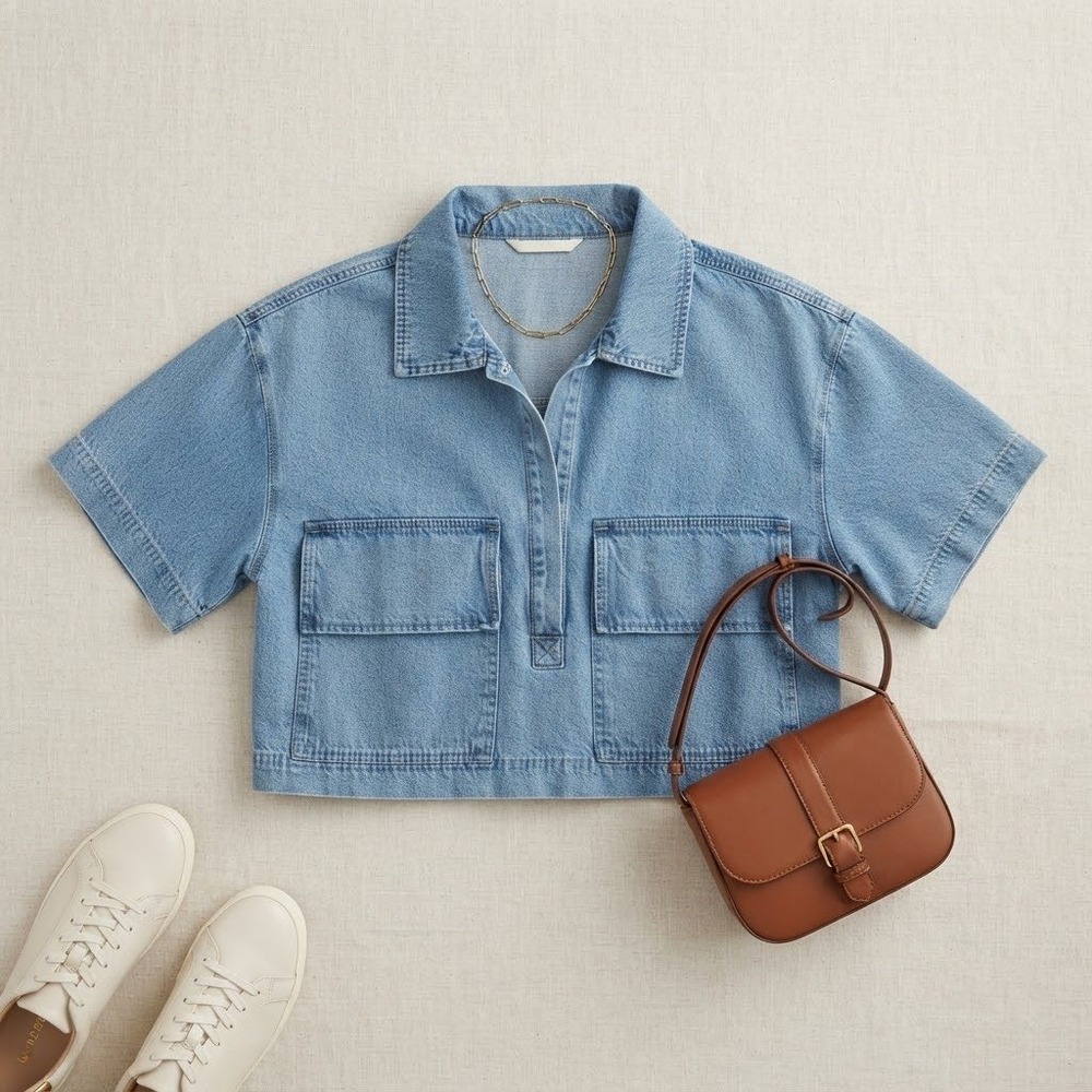 Grade & Gather Denim Top Women S/M Blue Cropped Short Sleeve Bailey Utility Boho